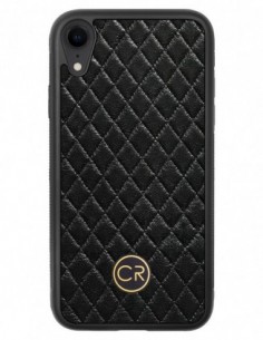 Etui premium skórzane, case na smartfon APPLE iPhone XR. Skóra pikowana czarna ze złotą blaszką.