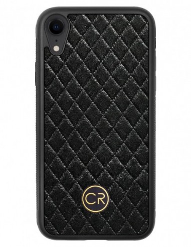 Etui premium skórzane, case na smartfon APPLE iPhone XR. Skóra pikowana czarna ze złotą blaszką.