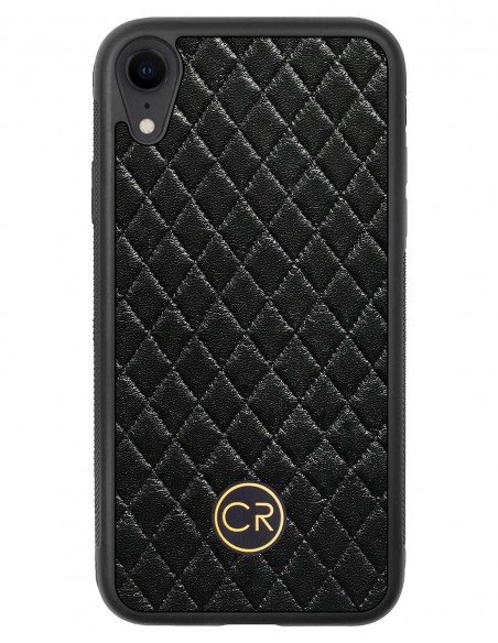 Etui premium skórzane, case na smartfon APPLE iPhone XR. Skóra pikowana czarna ze złotą blaszką.