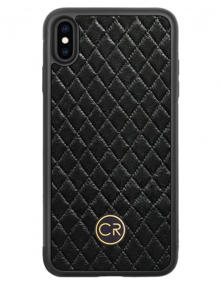 Etui premium skórzane, case na smartfon APPLE iPhone XS MAX. Skóra pikowana czarna ze złotą blaszką.