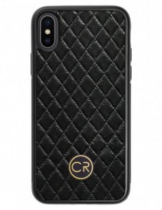 Etui premium skórzane, case na smartfon APPLE iPhone X. Skóra pikowana czarna ze złotą blaszką.
