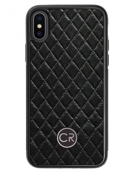 Etui premium skórzane, case na smartfon APPLE iPhone X. Skóra pikowana czarna ze srebrną blaszką.
