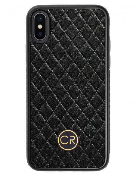 Etui premium skórzane, case na smartfon APPLE iPhone XS. Skóra pikowana czarna ze złotą blaszką.