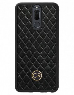 Etui premium skórzane, case na smartfon HUAWEI MATE 10 LITE. Skóra pikowana czarna ze złotą blaszką.