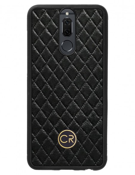 Etui premium skórzane, case na smartfon HUAWEI MATE 10 LITE. Skóra pikowana czarna ze złotą blaszką.