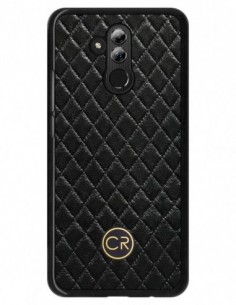 Etui premium skórzane, case na smartfon HUAWEI MATE 20 LITE. Skóra pikowana czarna ze złotą blaszką.
