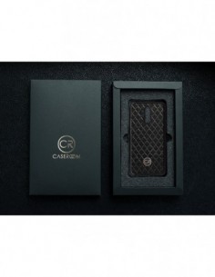 Etui premium skórzane, case na smartfon HUAWEI MATE 20 LITE. Skóra pikowana czarna ze złotą blaszką. 2