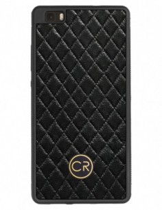 Etui premium skórzane, case na smartfon HUAWEI P8 LITE. Skóra pikowana czarna ze złotą blaszką.