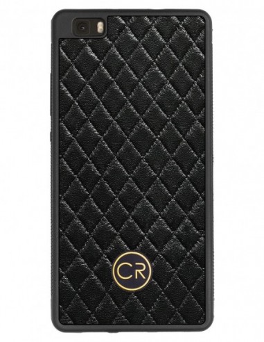 Etui premium skórzane, case na smartfon HUAWEI P8 LITE. Skóra pikowana czarna ze złotą blaszką.