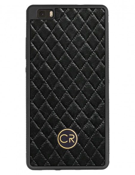 Etui premium skórzane, case na smartfon HUAWEI P8 LITE. Skóra pikowana czarna ze złotą blaszką.