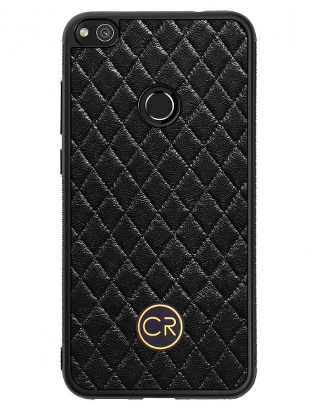 Etui premium skórzane, case na smartfon HUAWEI P8 LITE 2017. Skóra pikowana czarna ze złotą blaszką.