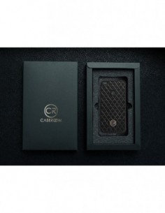 Etui premium skórzane, case na smartfon HUAWEI P8 LITE 2017. Skóra pikowana czarna ze złotą blaszką. 2