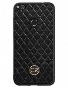 Etui premium skórzane, case na smartfon HUAWEI P9 LITE 2017. Skóra pikowana czarna ze złotą blaszką.