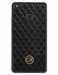 Etui premium skórzane, case na smartfon HUAWEI P9 LITE. Skóra pikowana czarna ze złotą blaszką.