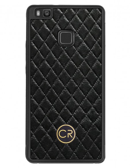 Etui premium skórzane, case na smartfon HUAWEI P9 LITE. Skóra pikowana czarna ze złotą blaszką.