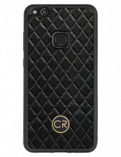 Etui premium skórzane, case na smartfon HUAWEI P10 LITE. Skóra pikowana czarna ze złotą blaszką.