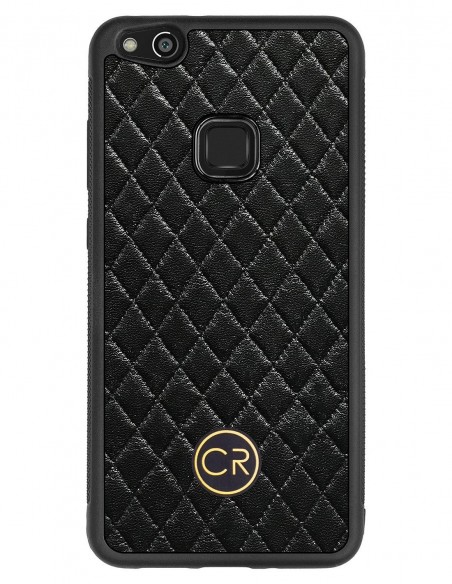 Etui premium skórzane, case na smartfon HUAWEI P10 LITE. Skóra pikowana czarna ze złotą blaszką.