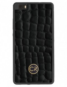 Etui premium skórzane, case na smartfon HUAWEI P8 LITE. Skóra krokodyl czarna ze złotą blaszką.