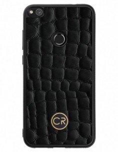 Etui premium skórzane, case na smartfon HUAWEI P8 LITE 2017. Skóra krokodyl czarna ze złotą blaszką.