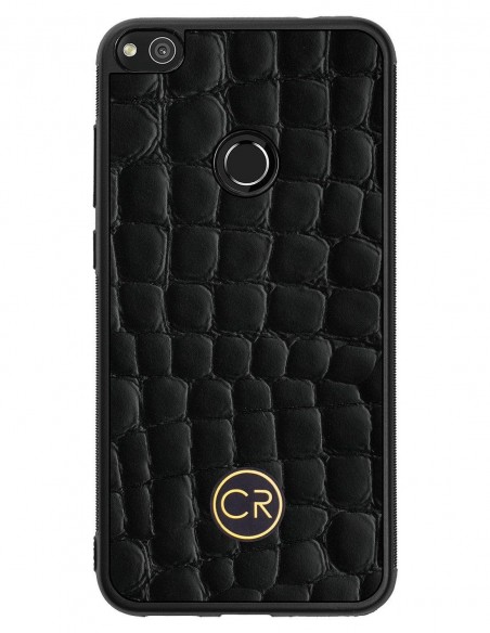 Etui premium skórzane, case na smartfon HUAWEI P9 LITE 2017. Skóra krokodyl czarna ze złotą blaszką.