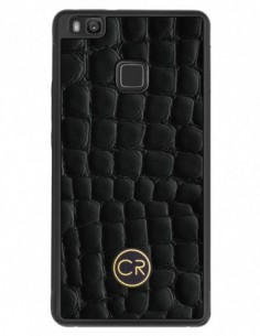 Etui premium skórzane, case na smartfon HUAWEI P9 LITE. Skóra krokodyl czarna ze złotą blaszką.