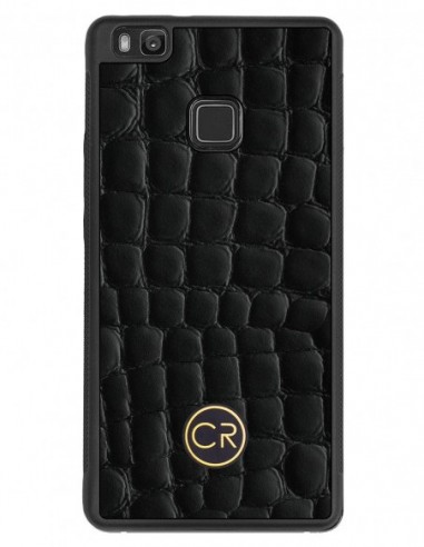 Etui premium skórzane, case na smartfon HUAWEI P9 LITE. Skóra krokodyl czarna ze złotą blaszką.