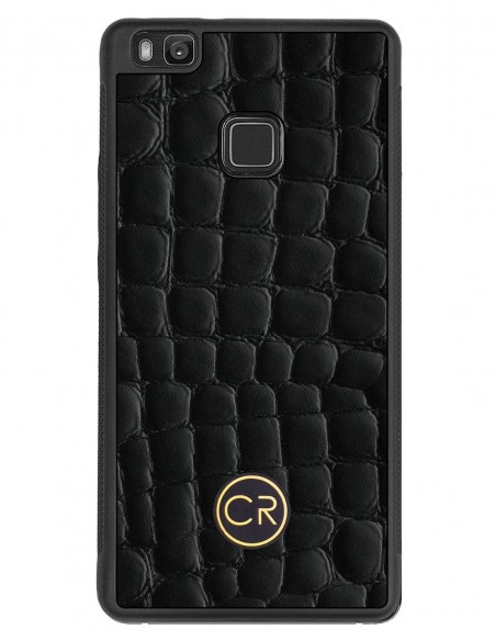 Etui premium skórzane, case na smartfon HUAWEI P9 LITE. Skóra krokodyl czarna ze złotą blaszką.