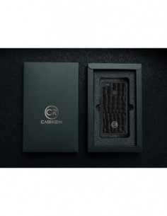 Etui premium skórzane, case na smartfon HUAWEI P9 LITE. Skóra krokodyl czarna ze złotą blaszką. 2