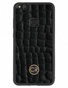 Etui premium skórzane, case na smartfon HUAWEI P10 LITE. Skóra krokodyl czarna ze złotą blaszką.