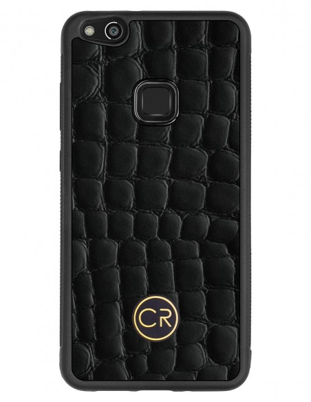 Etui premium skórzane, case na smartfon HUAWEI P10 LITE. Skóra krokodyl czarna ze złotą blaszką.