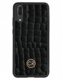 Etui premium skórzane, case na smartfon HUAWEI P20. Skóra krokodyl czarna ze złotą blaszką.