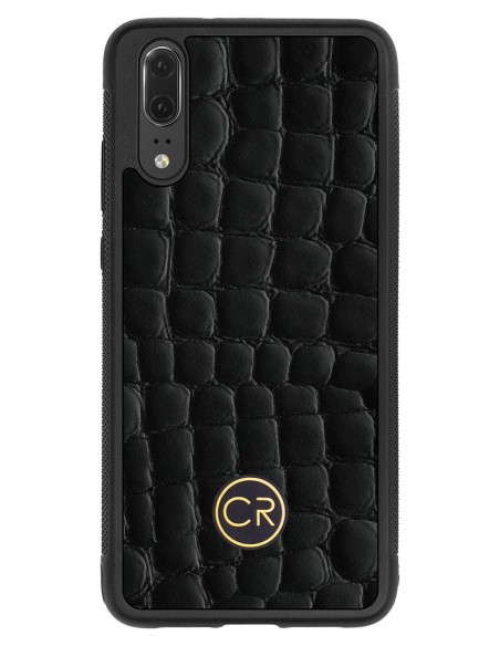 Etui premium skórzane, case na smartfon HUAWEI P20. Skóra krokodyl czarna ze złotą blaszką.