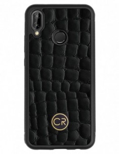 Etui premium skórzane, case na smartfon HUAWEI P20 LITE. Skóra krokodyl czarna ze złotą blaszką.