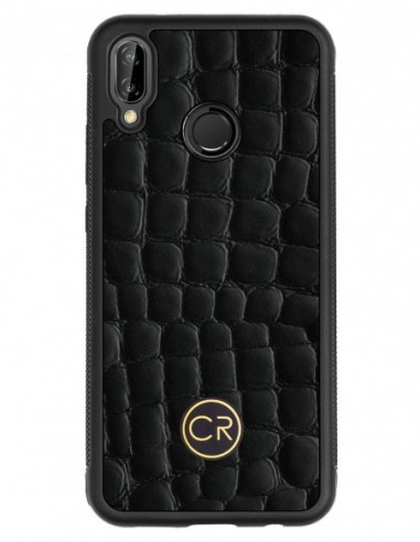 Etui premium skórzane, case na smartfon HUAWEI P20 LITE. Skóra krokodyl czarna ze złotą blaszką.