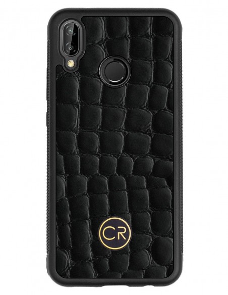 Etui premium skórzane, case na smartfon HUAWEI P20 LITE. Skóra krokodyl czarna ze złotą blaszką.