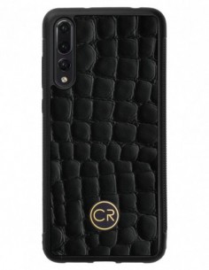 Etui premium skórzane, case na smartfon HUAWEI P20 PRO. Skóra krokodyl czarna ze złotą blaszką.