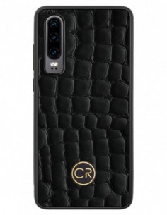 Etui premium skórzane, case na smartfon HUAWEI P30. Skóra krokodyl czarna ze złotą blaszką.