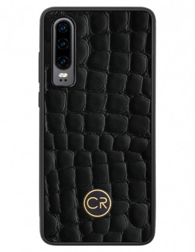 Etui premium skórzane, case na smartfon HUAWEI P30. Skóra krokodyl czarna ze złotą blaszką.