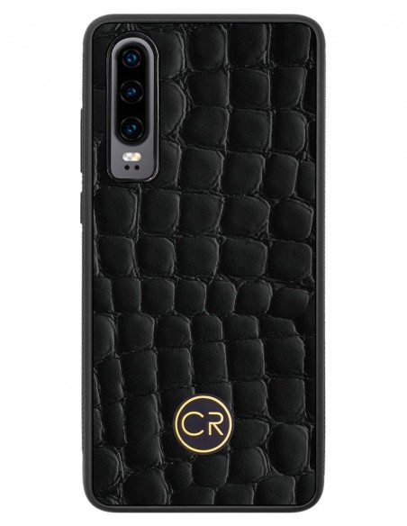 Etui premium skórzane, case na smartfon HUAWEI P30. Skóra krokodyl czarna ze złotą blaszką.