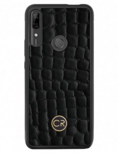 Etui premium skórzane, case na smartfon HUAWEI P SMART Z. Skóra krokodyl czarna ze złotą blaszką.