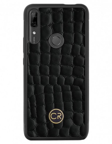 Etui premium skórzane, case na smartfon HUAWEI P SMART Z. Skóra krokodyl czarna ze złotą blaszką.