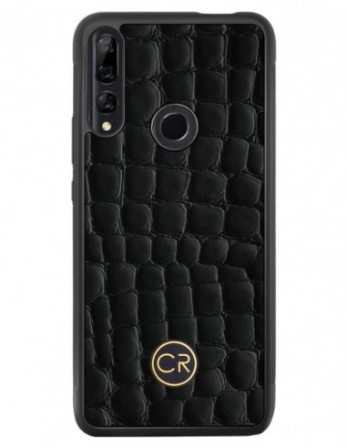 Etui premium skórzane, case na smartfon HUAWEI Y9 PRIME 2019. Skóra krokodyl czarna ze złotą blaszką.