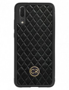 Etui premium skórzane, case na smartfon HUAWEI P20. Skóra pikowana czarna ze złotą blaszką.