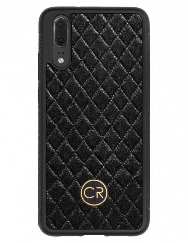 Etui premium skórzane, case na smartfon HUAWEI P20. Skóra pikowana czarna ze złotą blaszką.