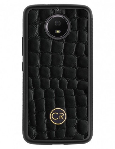 Etui premium skórzane, case na smartfon MOTOROLA G5S. Skóra krokodyl czarna ze złotą blaszką.