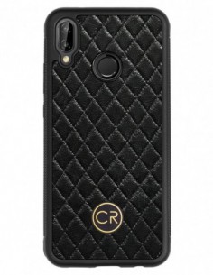 Etui premium skórzane, case na smartfon HUAWEI P20 LITE. Skóra pikowana czarna ze złotą blaszką.
