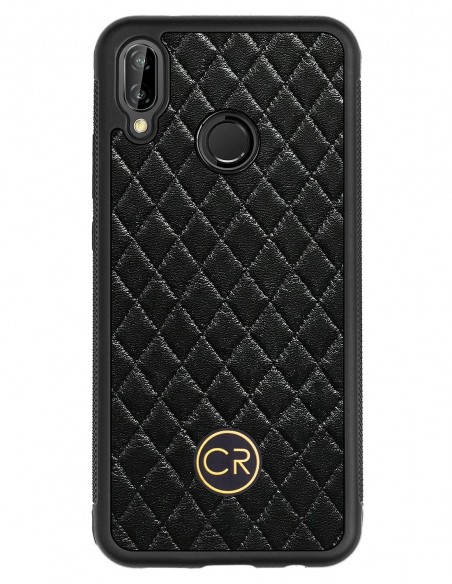 Etui premium skórzane, case na smartfon HUAWEI P20 LITE. Skóra pikowana czarna ze złotą blaszką.