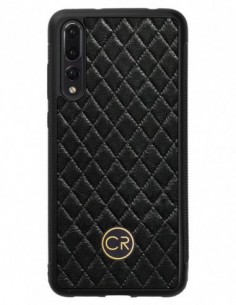 Etui premium skórzane, case na smartfon HUAWEI P20 PRO. Skóra pikowana czarna ze złotą blaszką.