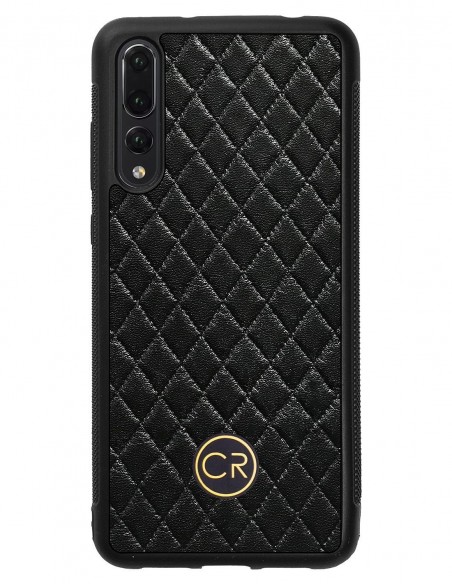 Etui premium skórzane, case na smartfon HUAWEI P20 PRO. Skóra pikowana czarna ze złotą blaszką.