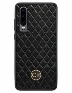 Etui premium skórzane, case na smartfon HUAWEI P30. Skóra pikowana czarna ze złotą blaszką.